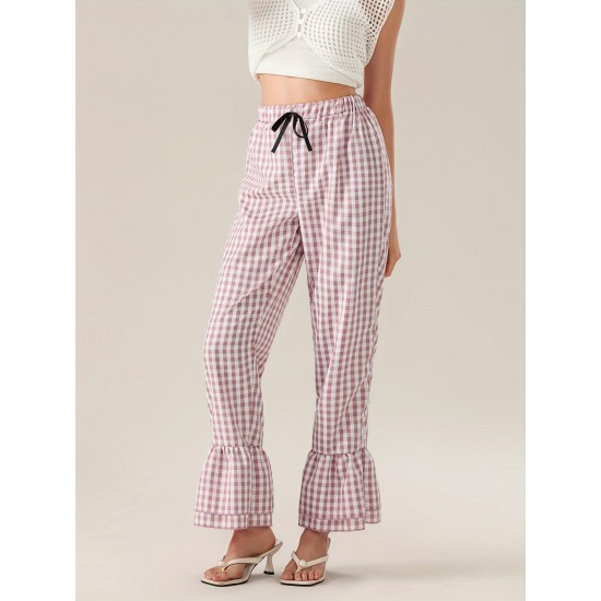 1pc Women'S Tartan Flared Pants - Casual Polyester Wide Leg with Tiered Ruffle, Lace-Up Bow Elastic Waistband, Full-Length Pull-On Trousers for All Seasons 1pc Women'S Tartan Flared Pants - Casual Polyester Wide Leg with Tiered Ruffle, Lace-Up Bow Elastic Waistband, Full-Length Pull-On Trousers for All Seasons