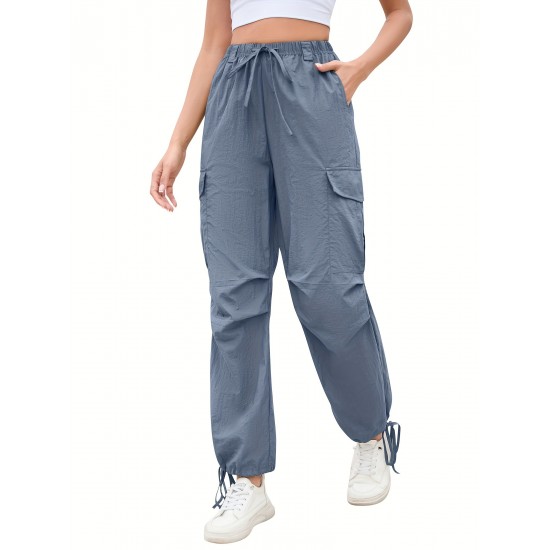 1pc GoyRrbay Women'S Casual Nylon Cargo Jogger Pants - Solid Color Drawstring Low Waist Baggy Trousers, All-Season Loose Fit Long Pants for Going Out, Woven Sports Pants for Adults 1pc GoyRrbay Women'S Casual Nylon Cargo Jogger Pants - Solid Color Drawstring Low Waist Baggy Trousers, All-Season Loose Fit Long Pants for Going Out, Woven Sports Pants for Adults