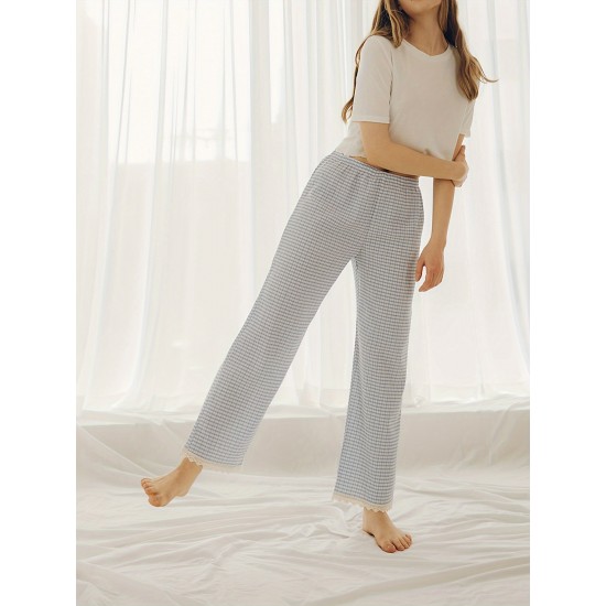 1pc Women'S All-Season Casual Polyester Lounge Pants with Lace Detail - Solid Color Woven Sports Pants for Home Comfort 1pc Women'S All-Season Casual Polyester Lounge Pants with Lace Detail - Solid Color Woven Sports Pants for Home Comfort