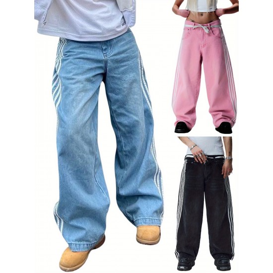 1pc Women'S Casual Wide Leg Faux Denim Pants with Striped Print, Cotton Loose Fit Trousers with Front Tie Bow Detail for Work Office Streetwear - All Seasons 1pc Women'S Casual Wide Leg Faux Denim Pants with Striped Print, Cotton Loose Fit Trousers with Front Tie Bow Detail for Work Office Streetwear - All Seasons