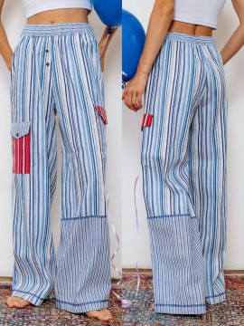 1pc Women'S Casual Striped Wide Leg Pants, Elastic Waist Loose Trousers with Pockets, Spring/Autumn Streetwear for Adults