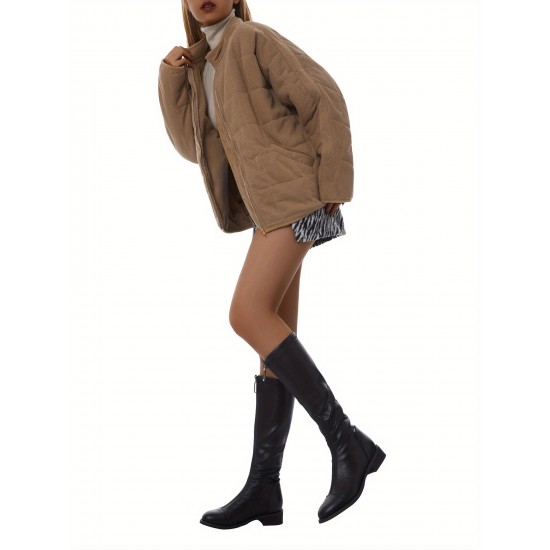 Chic Plus Size Quilted Jacket for Women - Casual Long Sleeve, Full Zip Padded Coat with Stand Collar, Machine Washable - Perfect for Fall/Winter Chic Plus Size Quilted Jacket for Women - Casual Long Sleeve, Full Zip Padded Coat with Stand Collar, Machine Washable - Perfect for Fall/Winter