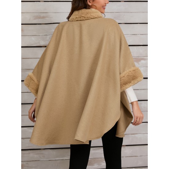 Chic Women's Cloak with Faux Fur Trim - 3/4 Sleeve, Button Closure, V-Neck Outerwear for Casual Wear Chic Women's Cloak with Faux Fur Trim - 3/4 Sleeve, Button Closure, V-Neck Outerwear for Casual Wear