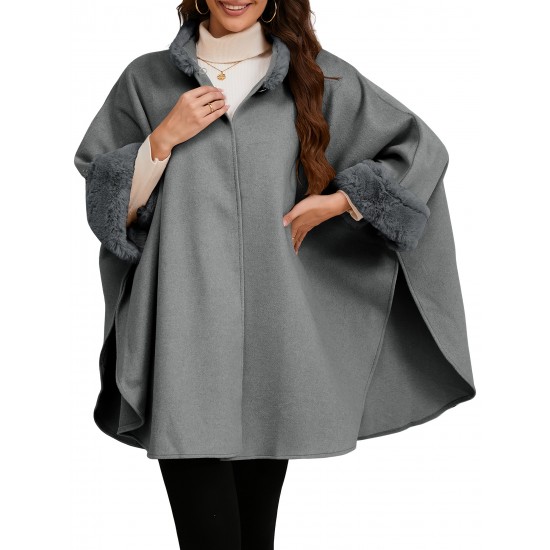 Chic Women's Cloak with Faux Fur Trim - 3/4 Sleeve, Button Closure, V-Neck Outerwear for Casual Wear Chic Women's Cloak with Faux Fur Trim - 3/4 Sleeve, Button Closure, V-Neck Outerwear for Casual Wear
