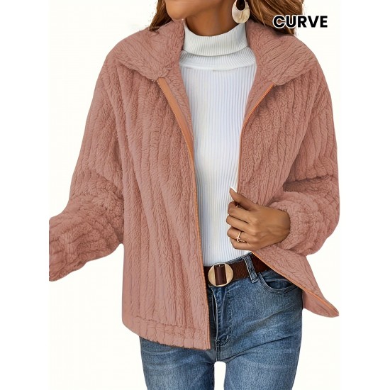 Women's Plus Size Teddy Fleece Coat - Warm And Cozy Long Sleeve Jacket With Ribbed Detail And Lapel Collar Women's Plus Size Teddy Fleece Coat - Warm And Cozy Long Sleeve Jacket With Ribbed Detail And Lapel Collar