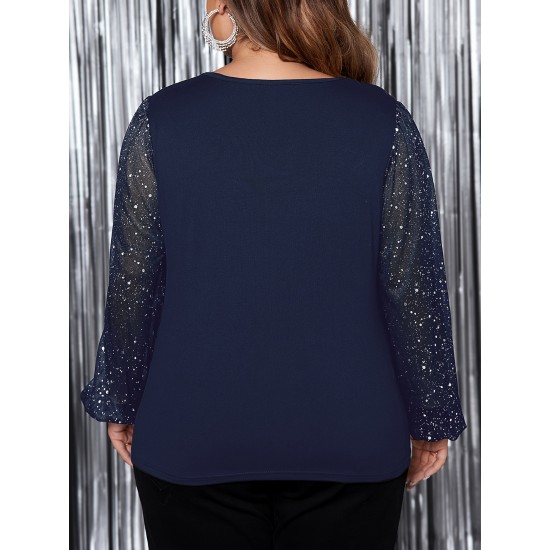 1pc Women'S Plus Size Casual Round Neck Long Sleeve Blouse with Cross Wrap Design, Polyester Fabric, Spring/Autumn Season, Basic Solid Color Top with Bubble Detail 1pc Women'S Plus Size Casual Round Neck Long Sleeve Blouse with Cross Wrap Design, Polyester Fabric, Spring/Autumn Season, Basic Solid Color Top with Bubble Detail