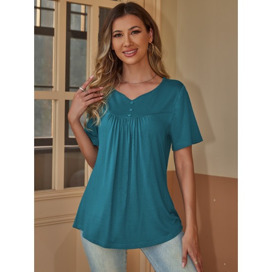 Stylish V-Neck Plus Size T-Shirt - Women Plus Size Clothing, Elegant Button Front, Short Sleeve, Pleated Detail, Perfect for Spring & Summer Stylish V-Neck Plus Size T-Shirt - Women Plus Size Clothing, Elegant Button Front, Short Sleeve, Pleated Detail, Perfect for Spring & Summer