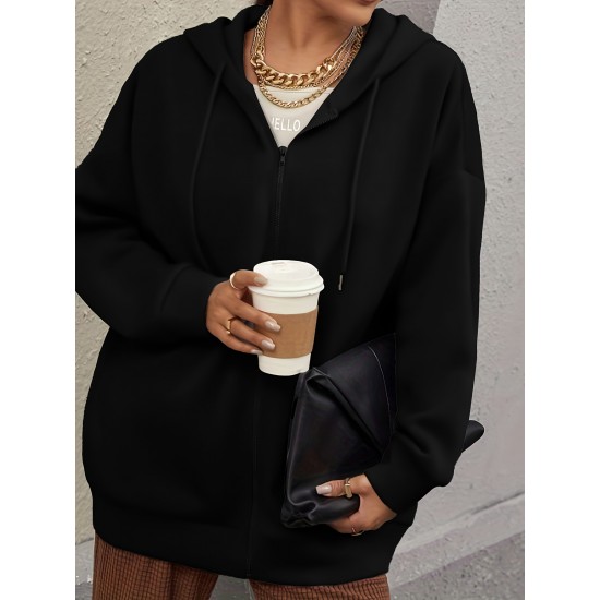 Plus Size Solid Color Zip Front Hoodie, Simple Casual Drawstring Long Sleeve Hooded Sweatshirt, Women's Plus Size Clothing Plus Size Solid Color Zip Front Hoodie, Simple Casual Drawstring Long Sleeve Hooded Sweatshirt, Women's Plus Size Clothing