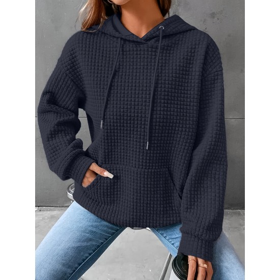 Plus Size Solid Color Waffle Long Sleeve Hooded Sweatshirt, Casual Drawstring Kangaroo Pocket Hoodie, Women's Clothing Plus Size Solid Color Waffle Long Sleeve Hooded Sweatshirt, Casual Drawstring Kangaroo Pocket Hoodie, Women's Clothing