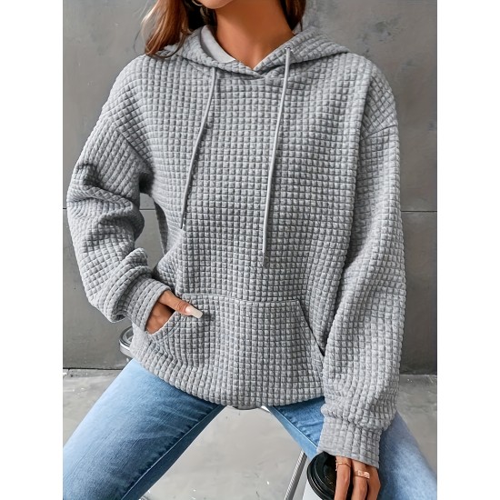 Plus Size Solid Color Waffle Long Sleeve Hooded Sweatshirt, Casual Drawstring Kangaroo Pocket Hoodie, Women's Clothing Plus Size Solid Color Waffle Long Sleeve Hooded Sweatshirt, Casual Drawstring Kangaroo Pocket Hoodie, Women's Clothing